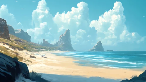 Coastal Cliffs and Sandy Beach with Rock Formations.