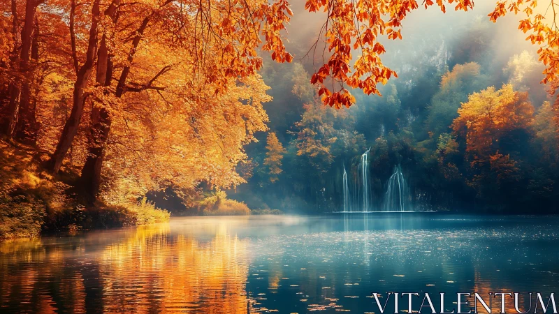 Spectral autumn forest basin with cascading misted waterfalls.