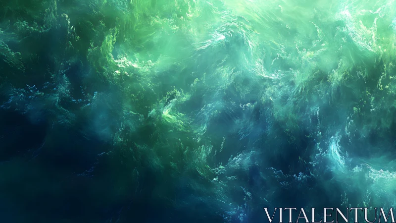 Abstract swirling ocean waves in vibrant teal and green digital art.