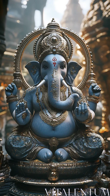 Intricate blue Ganesha statue in ornate temple setting.