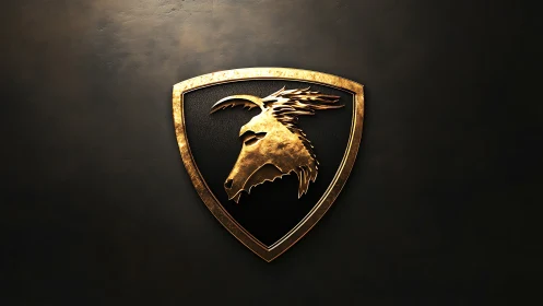 Textured gold goat emblem on shield under cinematic lighting.