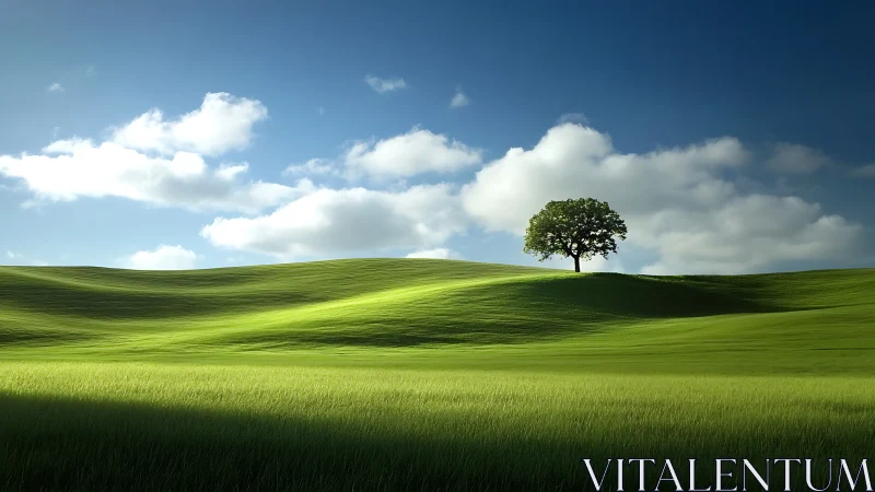 Solitary tree crowns sunlit green hills under soft clouds