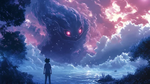 Stargazed boy confronting a cosmic storm spirit above sea.