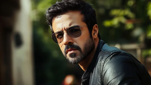 Cinematic portrait of bearded man in polarized sunglasses.