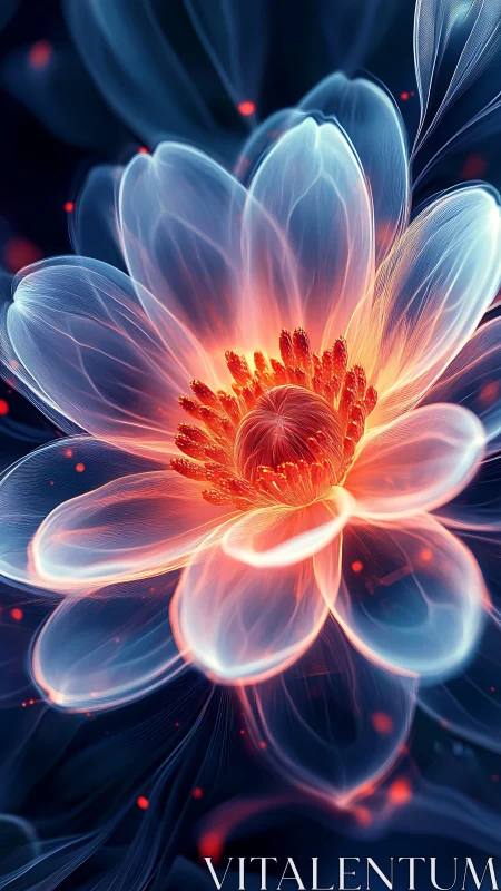 Luminous translucent flower with fiery core on dark background.