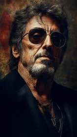 Older man in sunglasses against textured dark background.