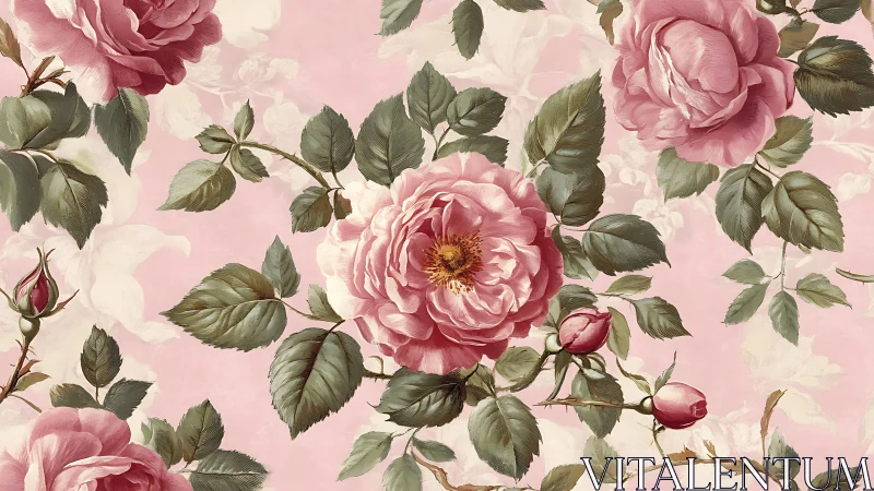 Patterned pink roses with green foliage on pastel ground.