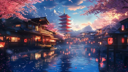 Riverside pagoda and wooden houses under evening cherry bloom.