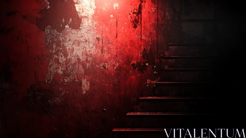 Red lit concrete wall and shadowed stairway recede right