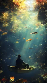 Solitary fisherman in small boat under glowing forest water.