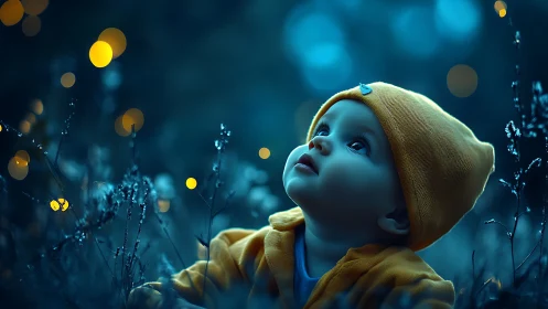 Photorealistic night portrait of baby in cyan-gold bokeh field.