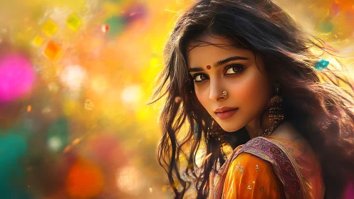 Digital painting portrait with festive bokeh immersion.