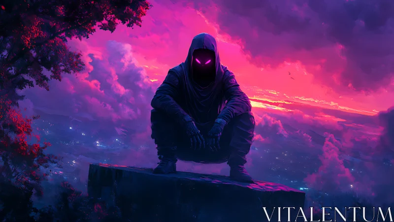 Hooded figure with glowing eyes over neon city at dusk.