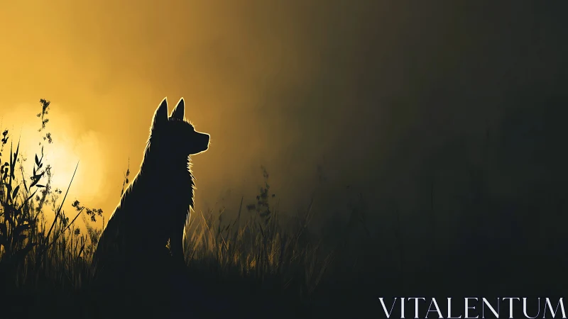 Dog silhouette against golden sunset field horizon.