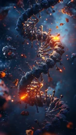 Glowing cosmic DNA helix unravels in deep space storm.