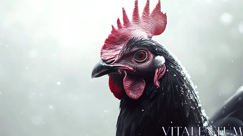 Black rooster with crimson comb in winter snow.