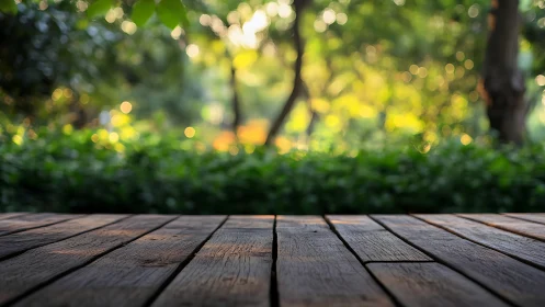 Wooden Deck with Blurred Garden Background.