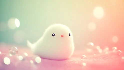 Fluffy white bird rests amid pastel bokeh glow.