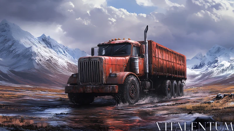 Weathered red freight truck crossing alpine wetland plain.