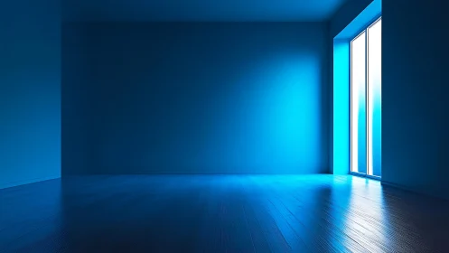 Minimalist blue room glows with bright modern window light.
