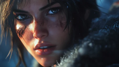 Frostbitten survivor portrait in high-detail digital render.