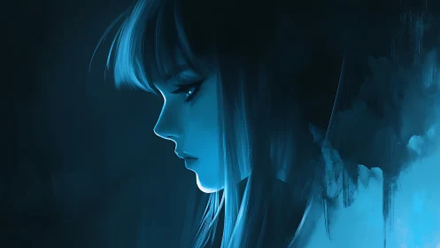 Melancholic blue side-profile portrait in digital chiaroscuro.