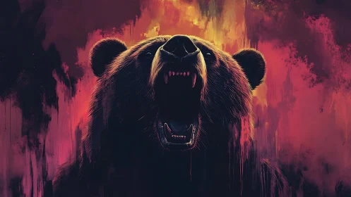 Roaring bear silhouette glows against blazing painted sky
