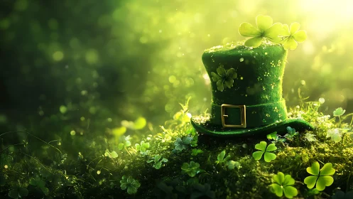 Green top hat with clovers on moss in diffused sunlight.