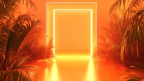 Neon doorway glows between dense tropical plants in orange light