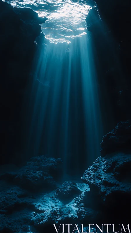 Sunlight shafts through deep underwater rocky cavern.