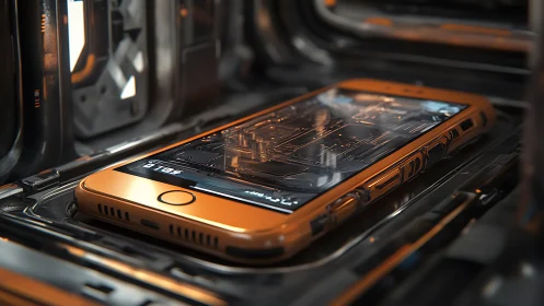 Orange smartphone on metallic cradle in futuristic enclosure.