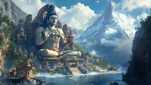 Digital painting of monumental Shiva temple in alpine valley.