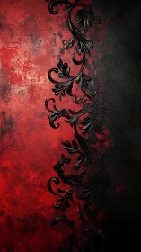 Baroque black floral scrollwork on distressed red field.