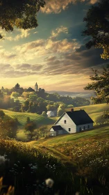 Golden morning light gently settles over a peaceful valley home