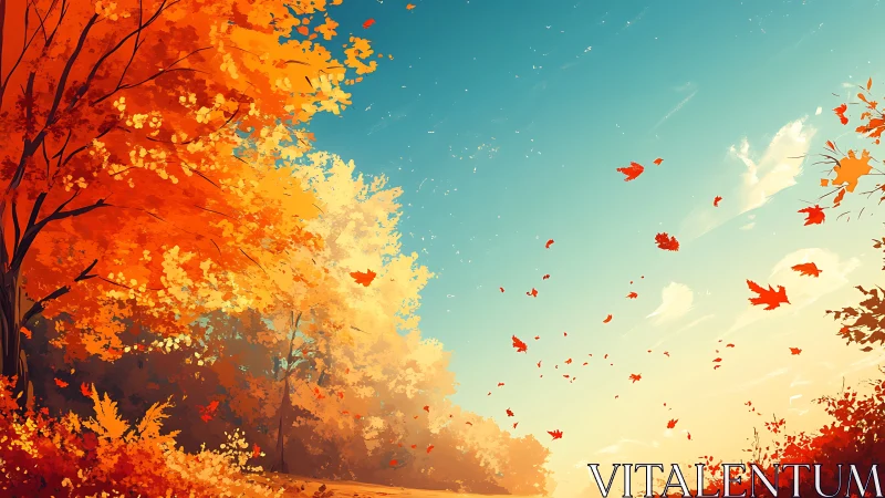 Golden autumn trees frame bright windy sky over valley