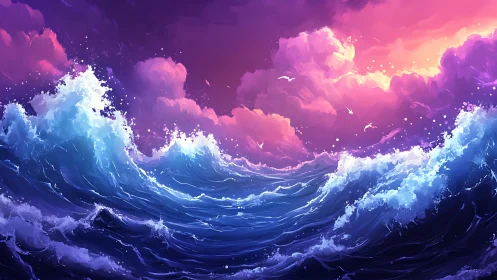 Radiant twilight waves dancing beneath rosy storm clouds.