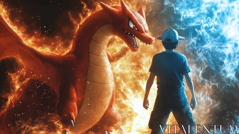 Trainer meets fire dragon at blazing border of ice and flame.