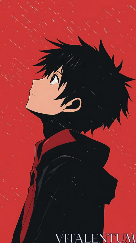 Side profile anime boy in rain on bold red background.