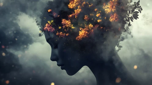 Quiet silhouette dreams while a forest of thoughts blooms