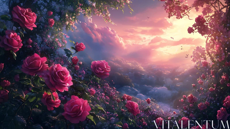 Vibrant pink rose valley opening toward glowing sunset sky.