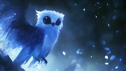 Luminous blue spirit owl with glowing particles in flight.