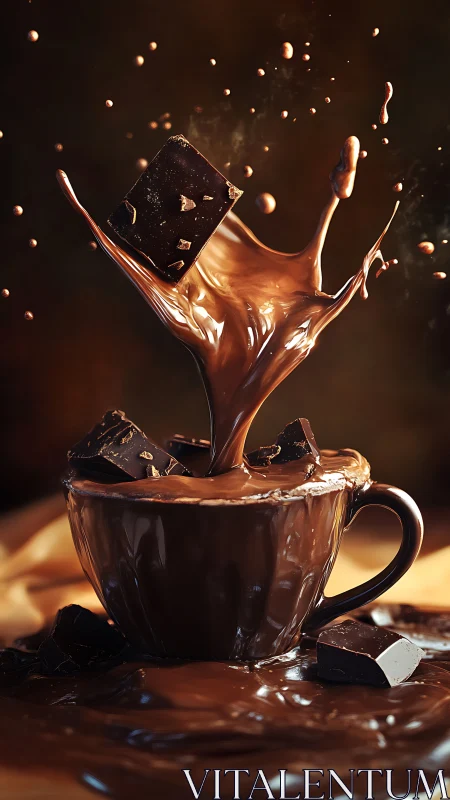 Dark chocolate cube impacts liquid splash in brown ceramic cup