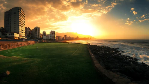 Sunset-lit coastal soccer field bordered by city high-rises