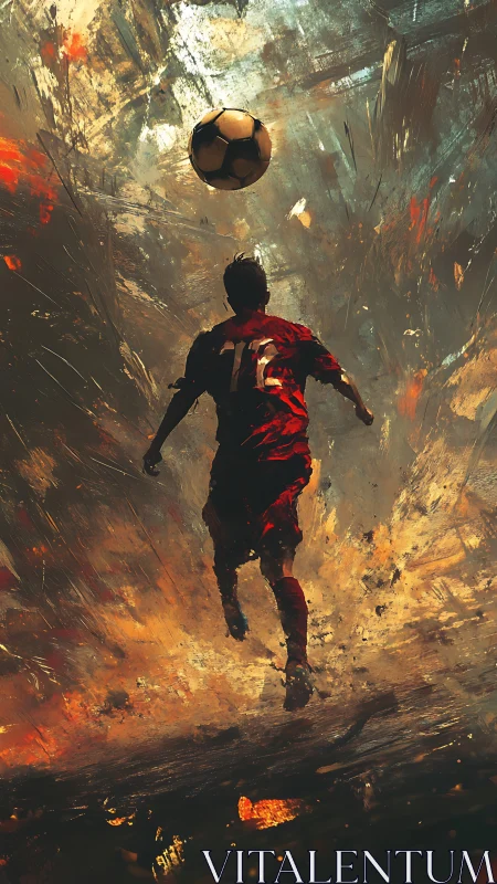 Soccer player rises through blazing abstract stadium light.