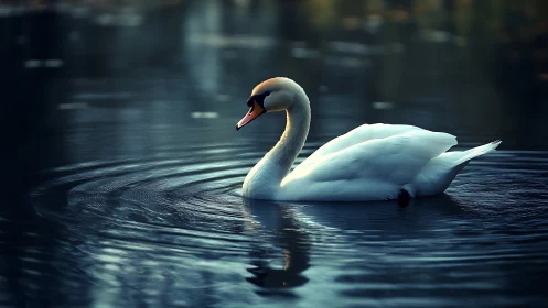 Graceful white swan gliding through evening blue water.