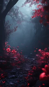 Crimson forest blooms ignite a mist-dimmed twilight path