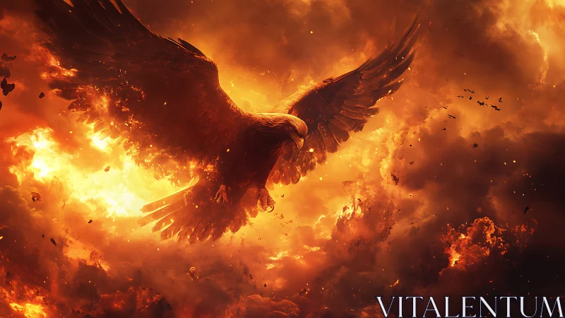 Majestic Eagle Soaring Through Fiery Skies in Dramatic Fantasy Art.