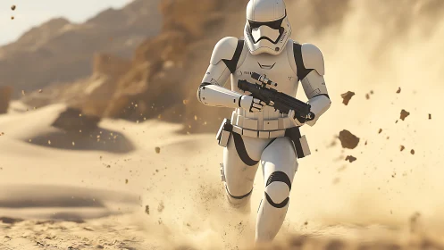 Armored sci fi soldier charges through windswept desert storm