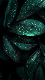 Dark green leaves covered in fresh water droplets at night