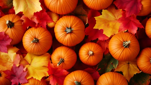 Pumpkins rest over vivid red and gold autumn leaves.
